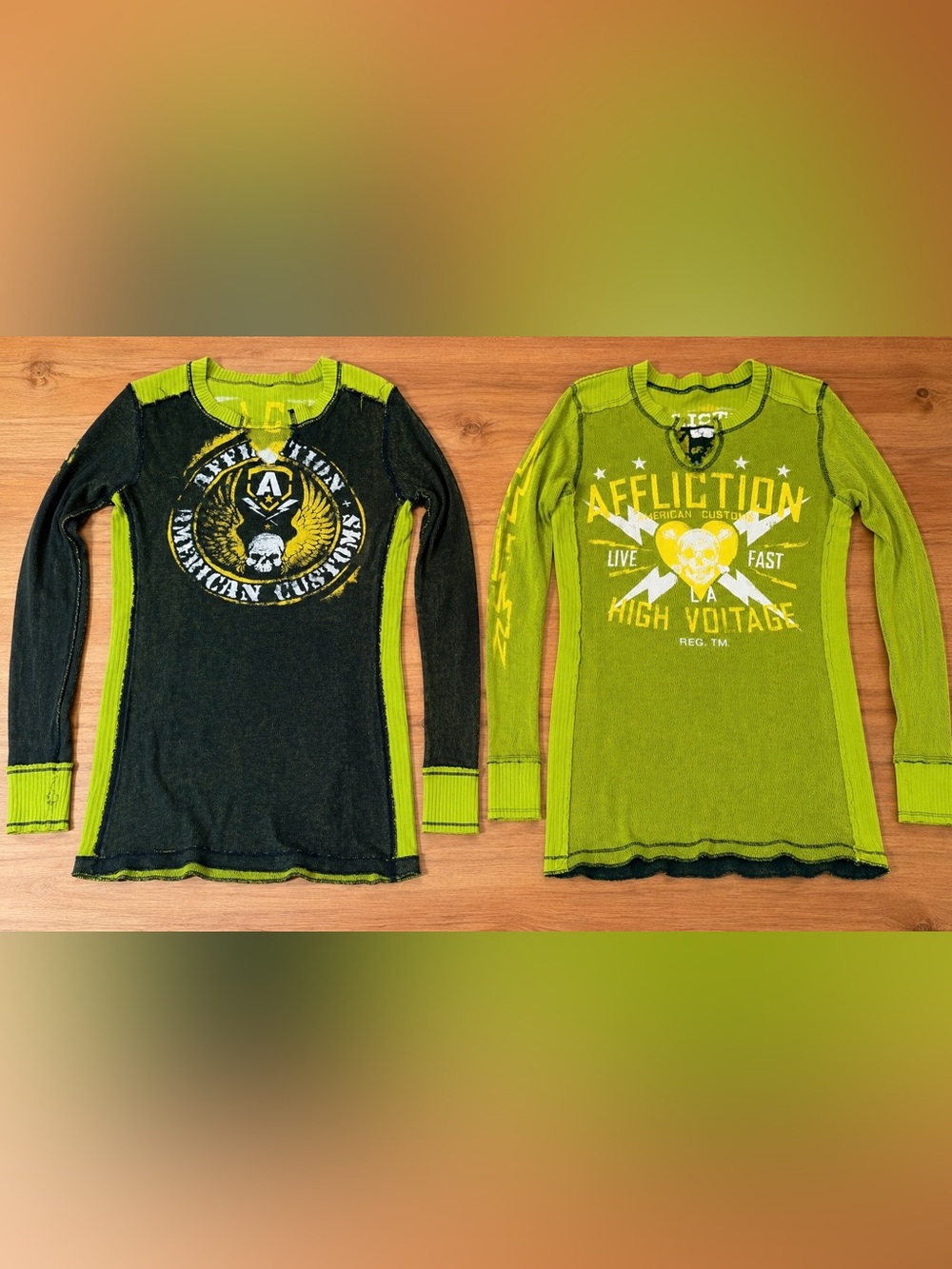 Y2K Vintage Affliction Reversible Henley Thermal Long Sleeve Shirt Green Skull L